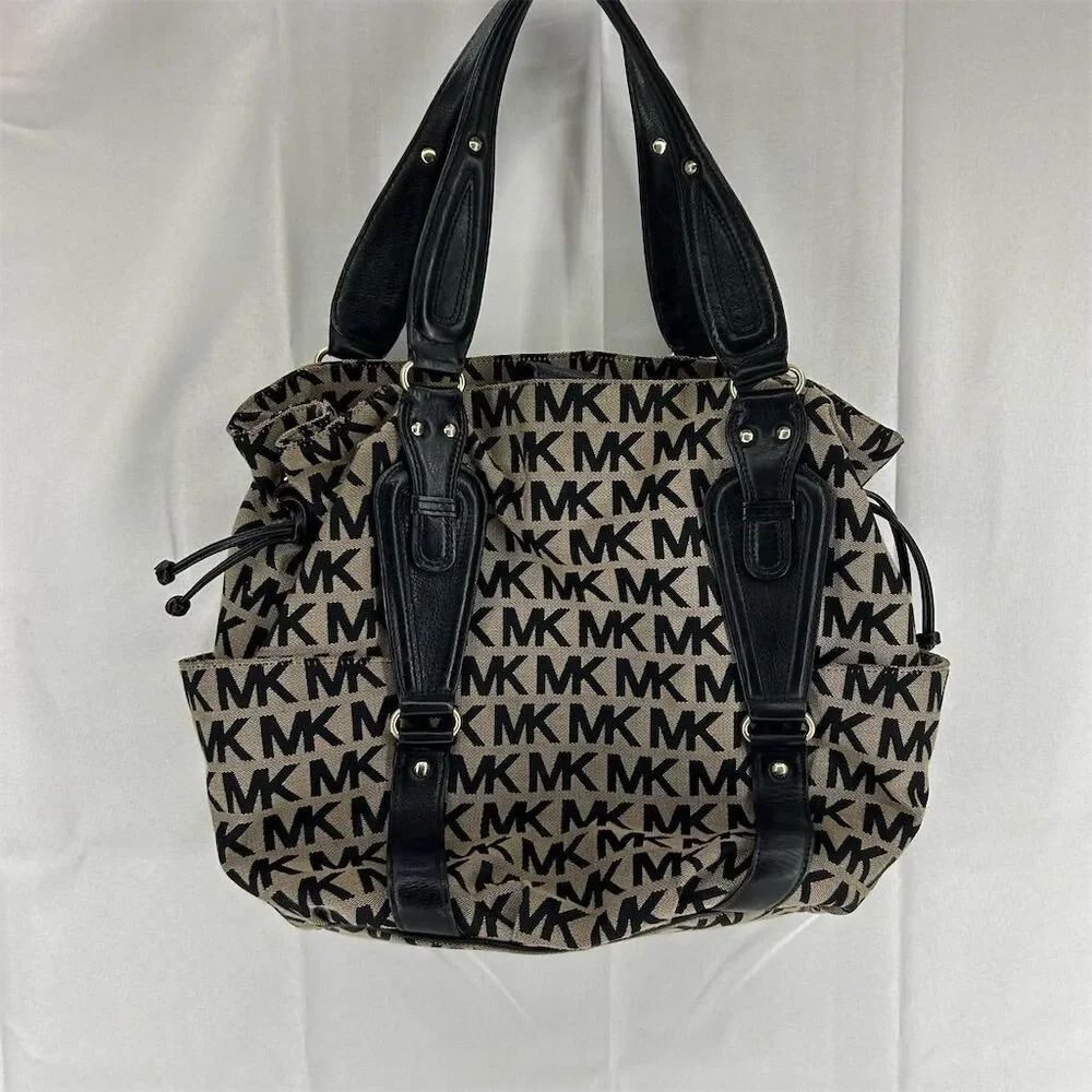 Vintage Michael Kors Monogram Tote Bag Black Beige Women's Shoulder - Picture 2 of 14